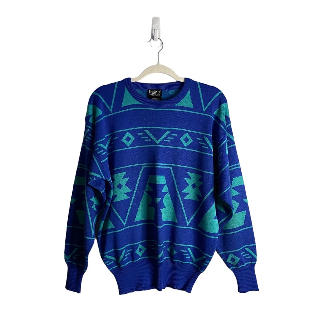 Meister Men's Vintage Blue/Green Wool Knit Crewneck Sweater